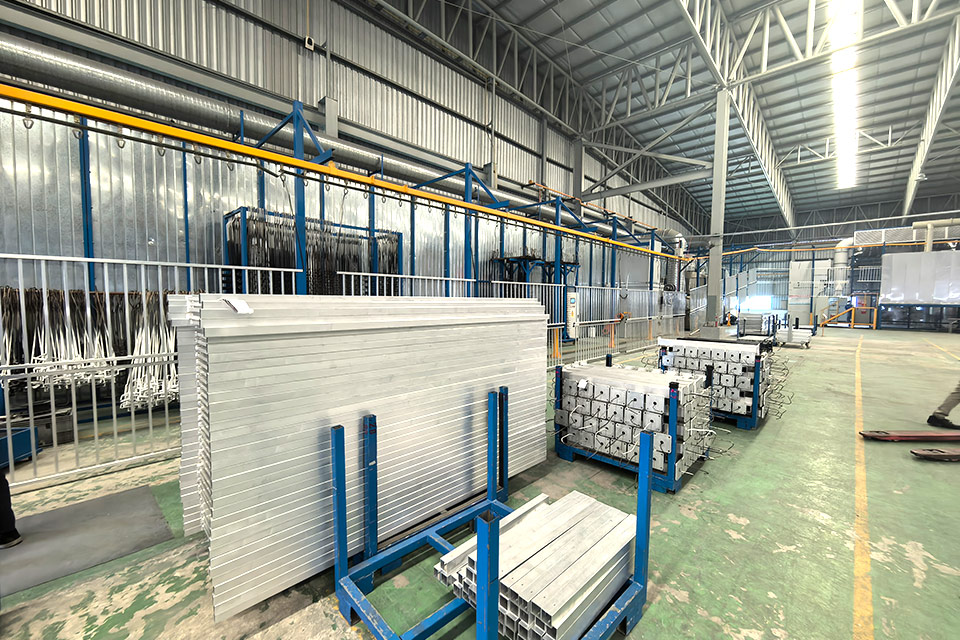 Aluminum profiles stored in factory workshop