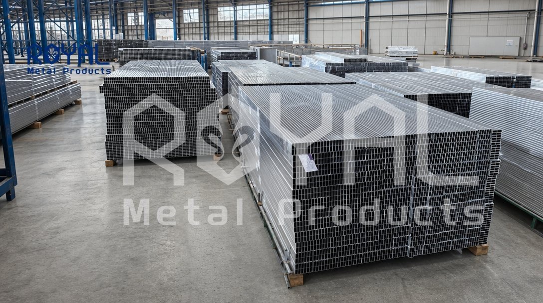 Palletised aluminium profiles wrapped and racked in the factory warehouse, ready for export