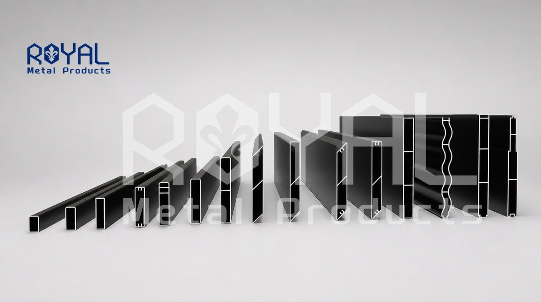 Powder-coated aluminium slat profiles in a range of widths and depths, showing the slat series cross-sections