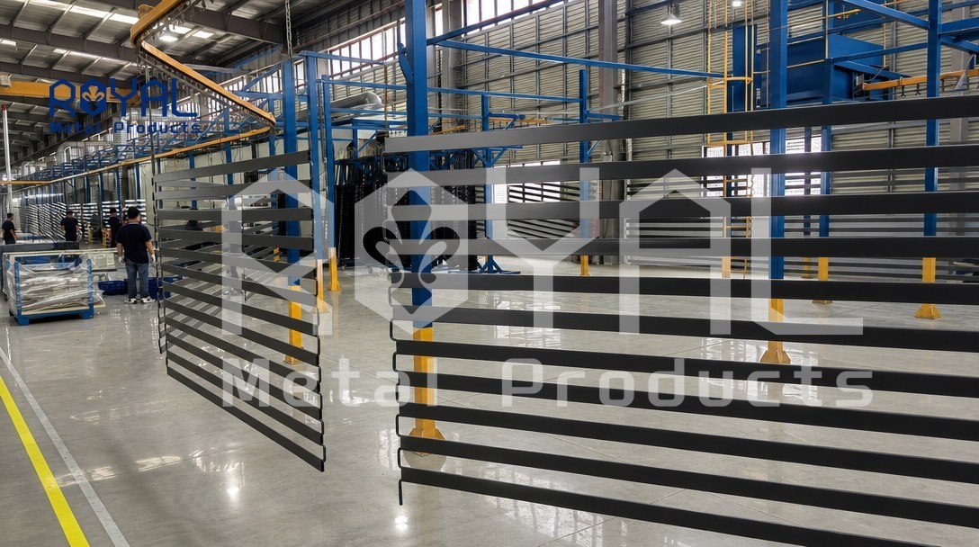 Powder coating line with aluminium slats hung on the overhead conveyor during surface finishing