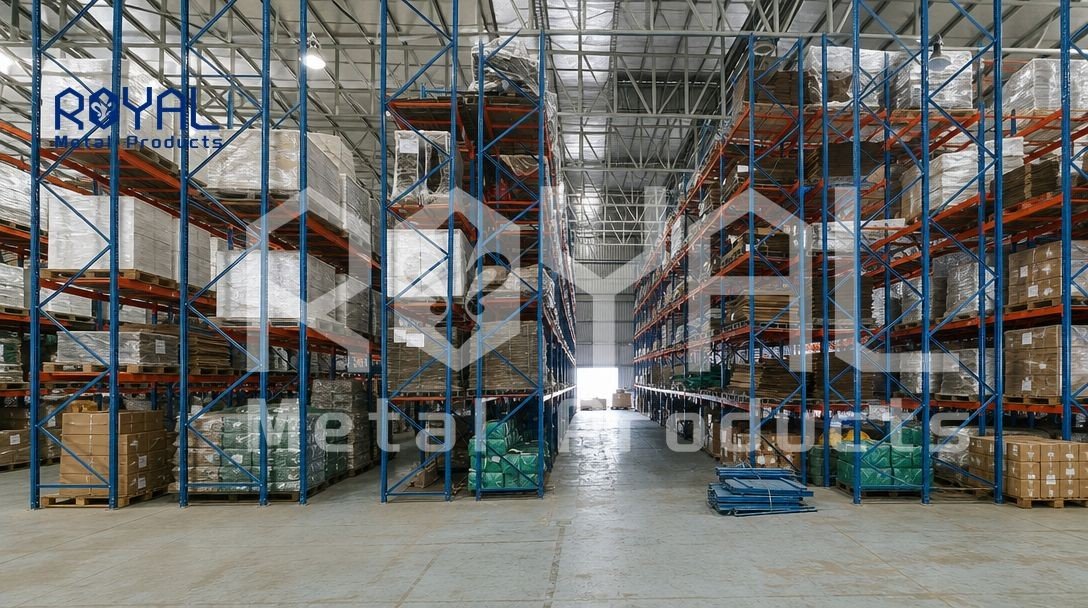 High-bay warehouse racking holding finished aluminium profiles in the factory