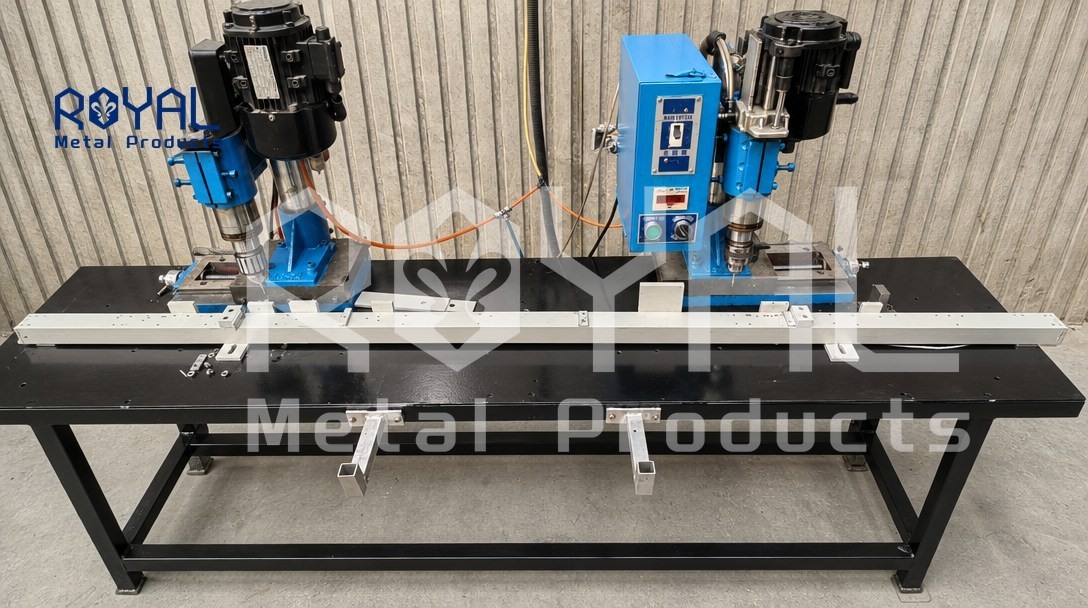 Drilling and punching machine set up to pre-drill aluminium slat profiles to order