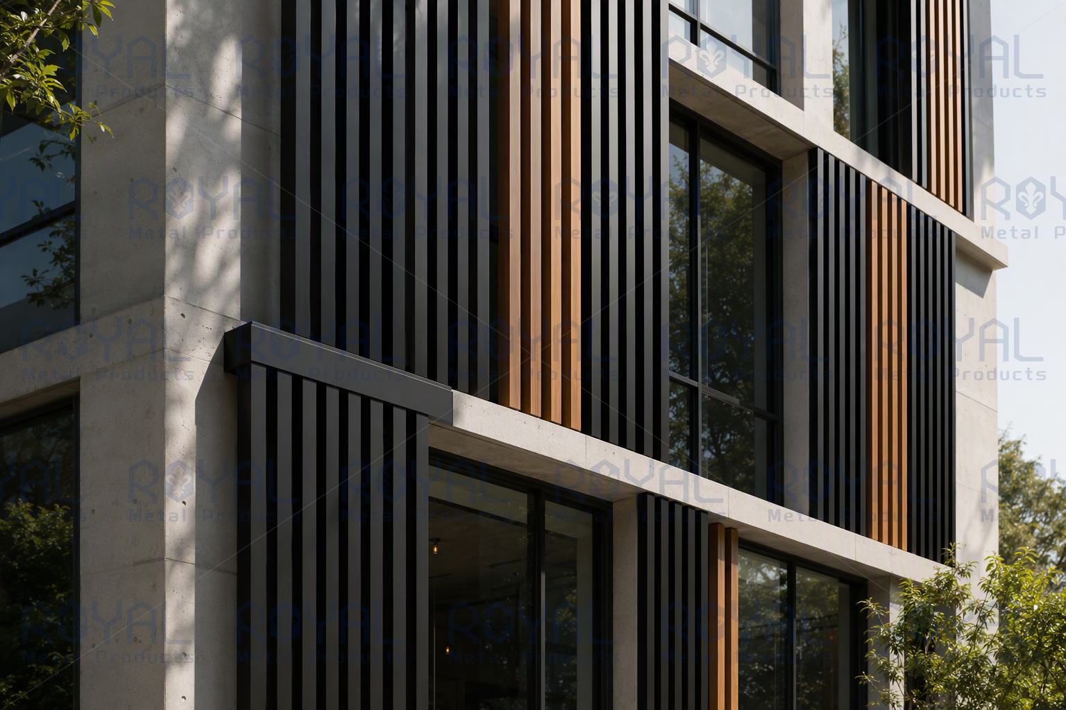 Architectural Aluminum Batten Screen Facade System in Modern Commercial Building