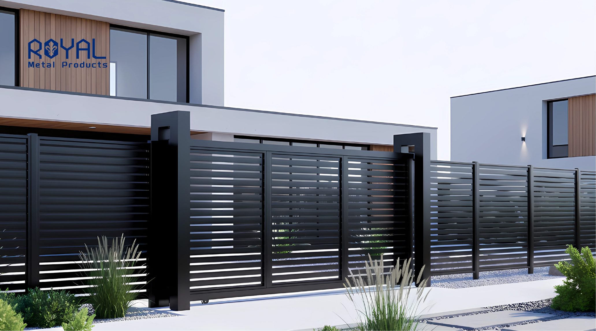 DIY aluminum gate installation at a modern residential entrance using a modular aluminum slat gate system.jpg