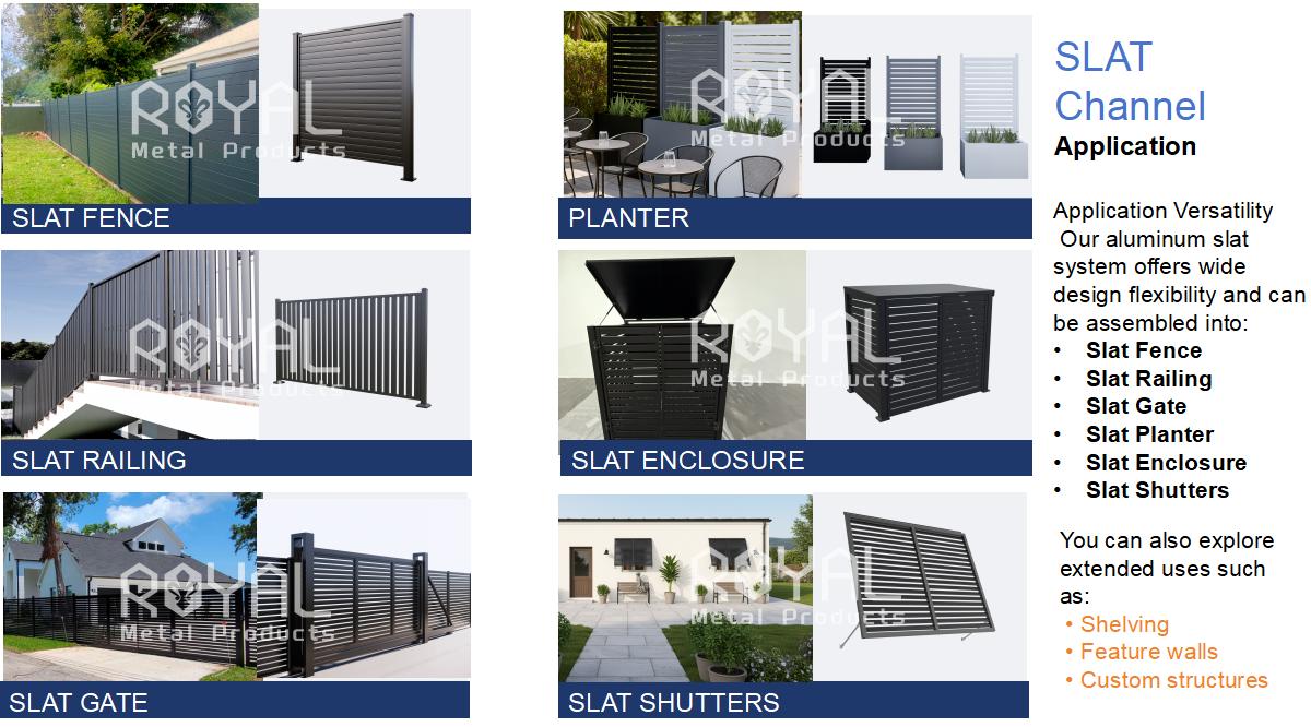 aluminum slat channel system applications including slat fence gate enclosure planter and shutters.jpg