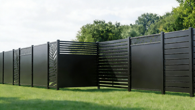 Aluminum privacy fence systems with horizontal vertical and laser cut slat designs