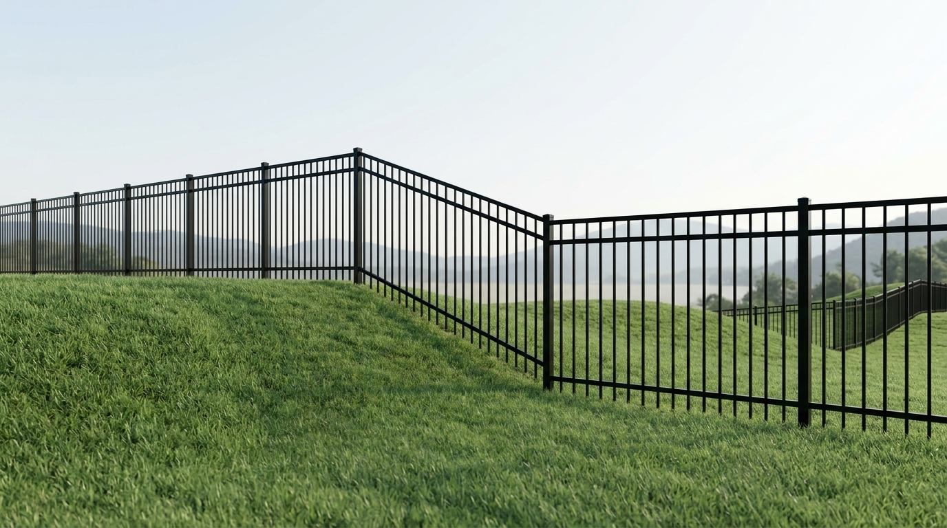 Aluminum tubular pool and garden fence with ornamental picket tops for landscape and commercial perimeters