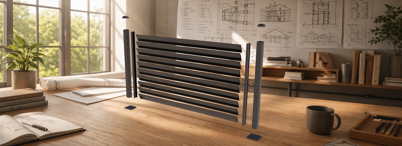 Modular aluminum louver fence system assembly detail for distributors