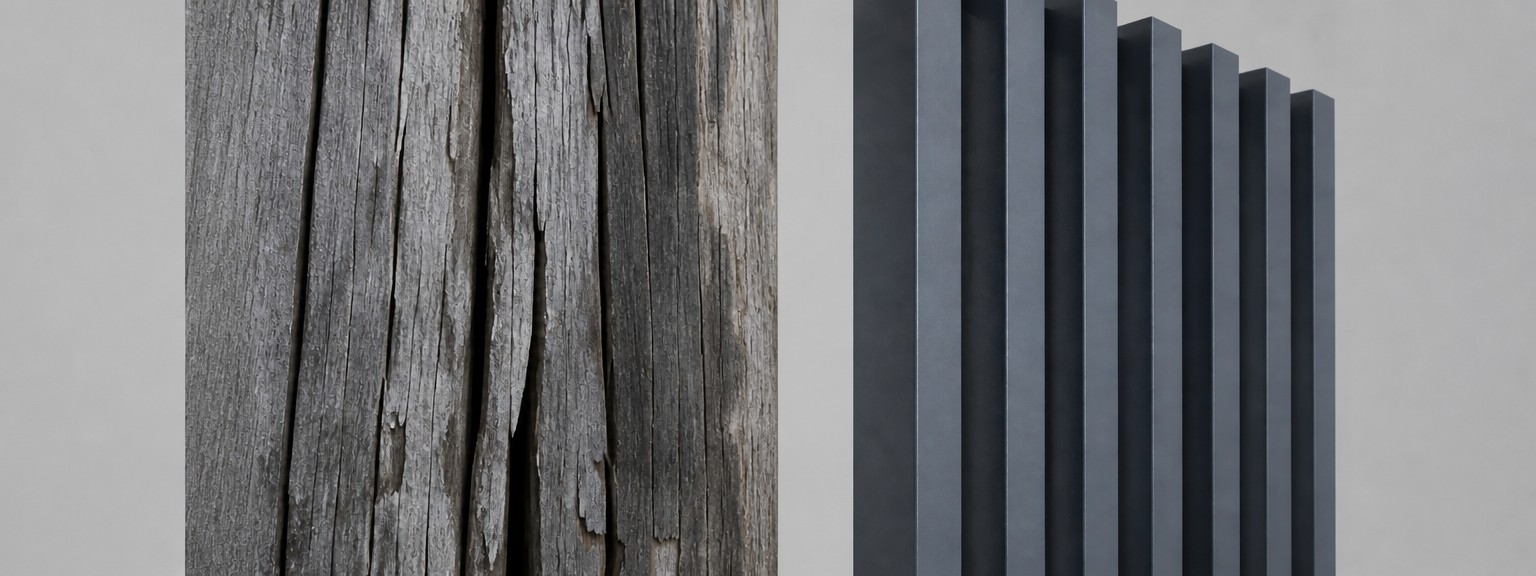 Aluminum batten powder-coated surface vs cracked weathered timber close-up durability comparison