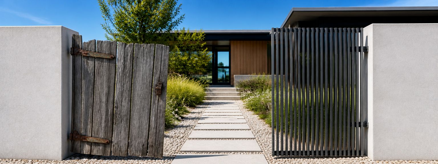 Bushfire compliant aluminum batten gate fence outdoor entrance, termite proof aluminum vs timber