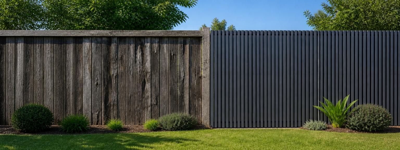 Aluminum batten fence vs weathered timber fence in a modern garden, 30-year total cost of ownership comparison